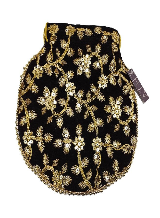 ATHZ Potli Bag Velvet Golden work wedding potli for ladies Gift for women handbags traditional Indian Wristlet with Drawstring Ethnic Embroidery Women Fashion Potli (Gold,Black) - Image 2